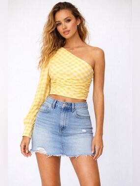 Zara Yellow White Gingham One Shoulder Ruched Puff Sleeve Crop Top NWT M